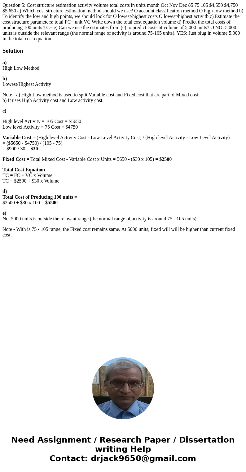  Question 5: Cost structure estimation activity volume total costs in units month Oct Nov Dec 85 75 105 $4,550 $4,750 $5,650 a) Which cost structure estimation 