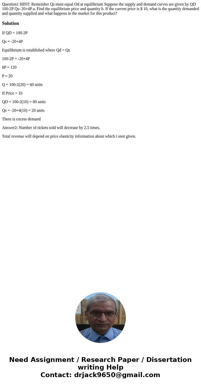 Question1 HINT: Remember Qs must equal Od at equilibrium Suppose the supply and demand curves are given by QD 100-2P Qs- 20+4P a. Find the equilibrium price an  Question1 HINT: Remember Qs must equal Od at equilibrium Suppose the supply and demand curves are given by QD 100-2P Qs- 20+4P a. Find the equilibrium price an