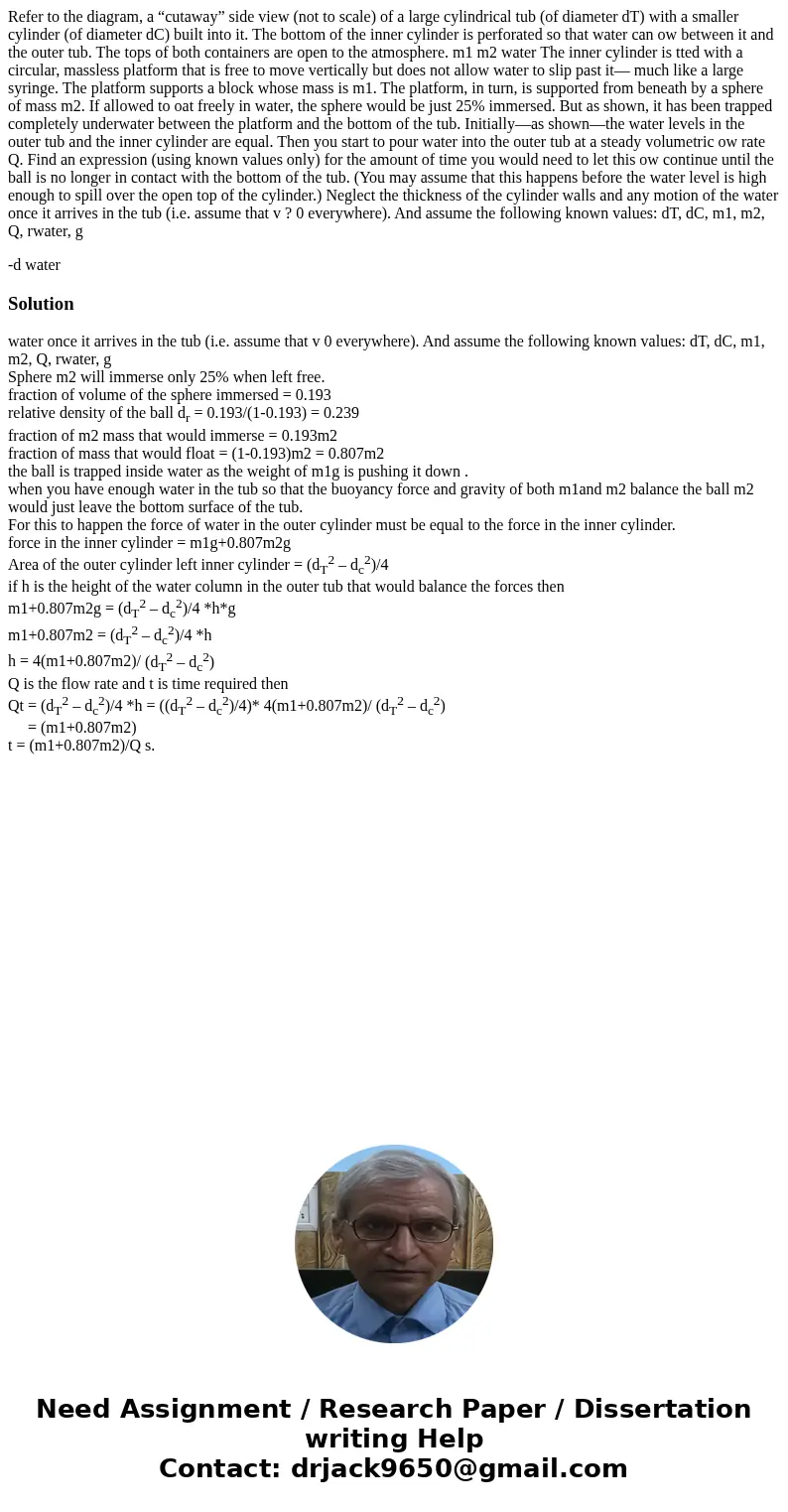Refer to the diagram, a “cutaway” side view (not to scale) of a large cylindrical tub (of diameter dT) with a smaller cylinder (of diameter dC) built into it. T Refer to the diagram, a “cutaway” side view (not to scale) of a large cylindrical tub (of diameter dT) with a smaller cylinder (of diameter dC) built into it. T
