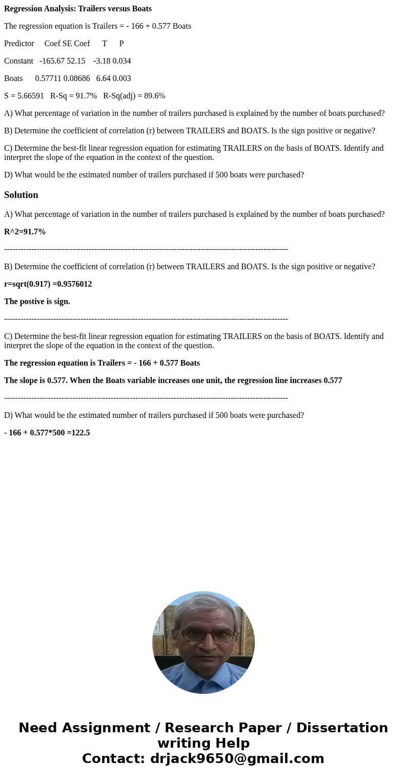 Regression Analysis: Trailers versus Boats The regression equation is Trailers = - 166 + 0.577 Boats Predictor Coef SE Coef T P Constant -165.67 52.15 -3.18 0.0