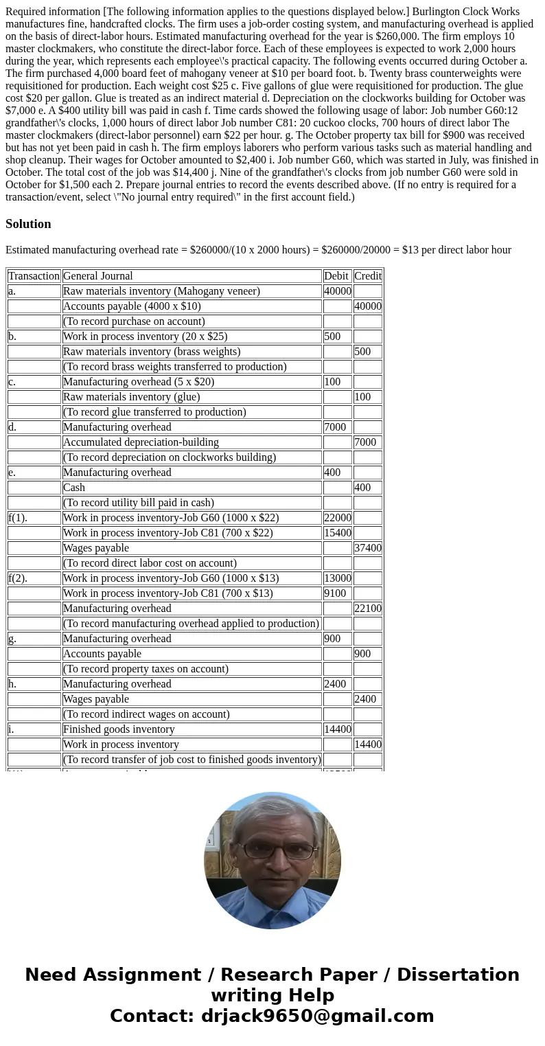  Required information [The following information applies to the questions displayed below.] Burlington Clock Works manufactures fine, handcrafted clocks. The fi