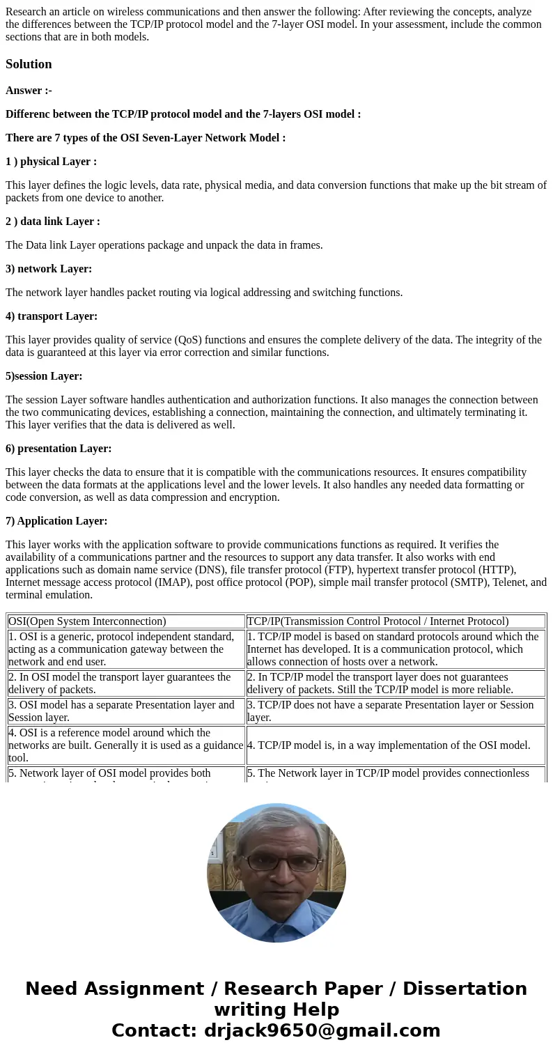 Research an article on wireless communications and then answer the following: After reviewing the concepts, analyze the differences between the TCP/IP protocol  Research an article on wireless communications and then answer the following: After reviewing the concepts, analyze the differences between the TCP/IP protocol