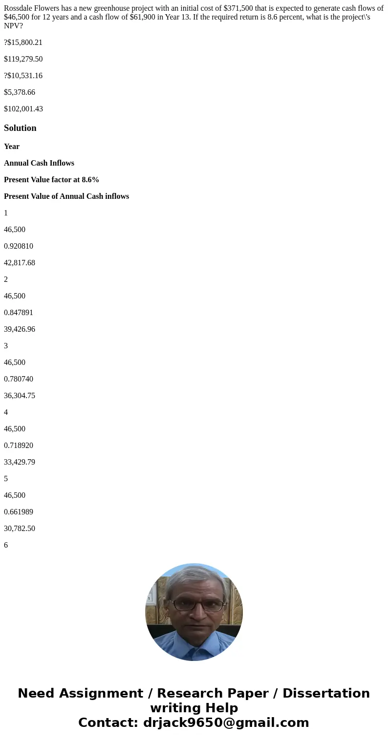Rossdale Flowers has a new greenhouse project with an initial cost of $371,500 that is expected to generate cash flows of $46,500 for 12 years and a cash flow o