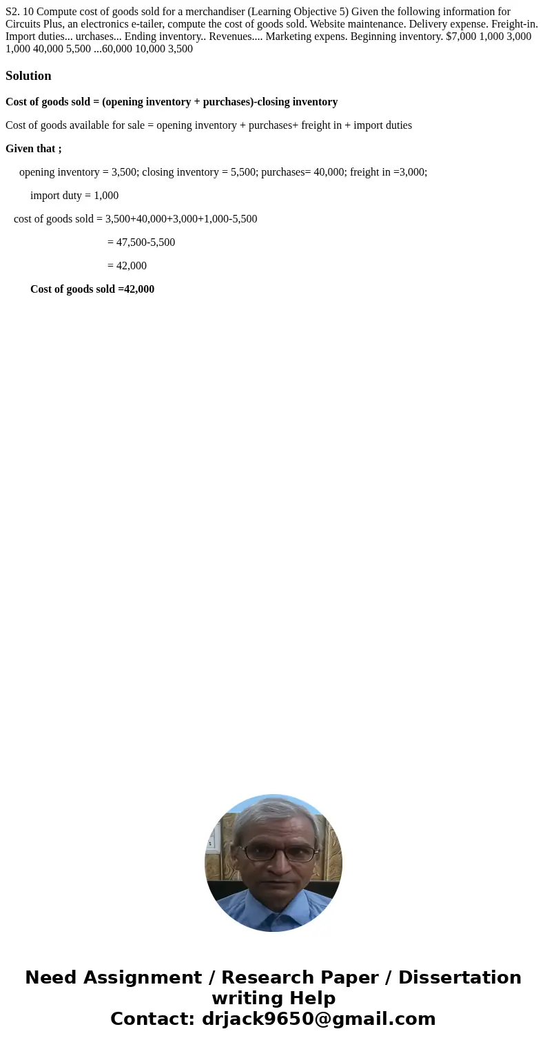  S2. 10 Compute cost of goods sold for a merchandiser (Learning Objective 5) Given the following information for Circuits Plus, an electronics e-tailer, compute