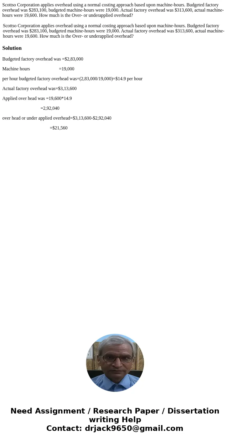 Scottso Corporation applies overhead using a normal costing approach based upon machine-hours. Budgeted factory overhead was $283,100, budgeted machine-hours we