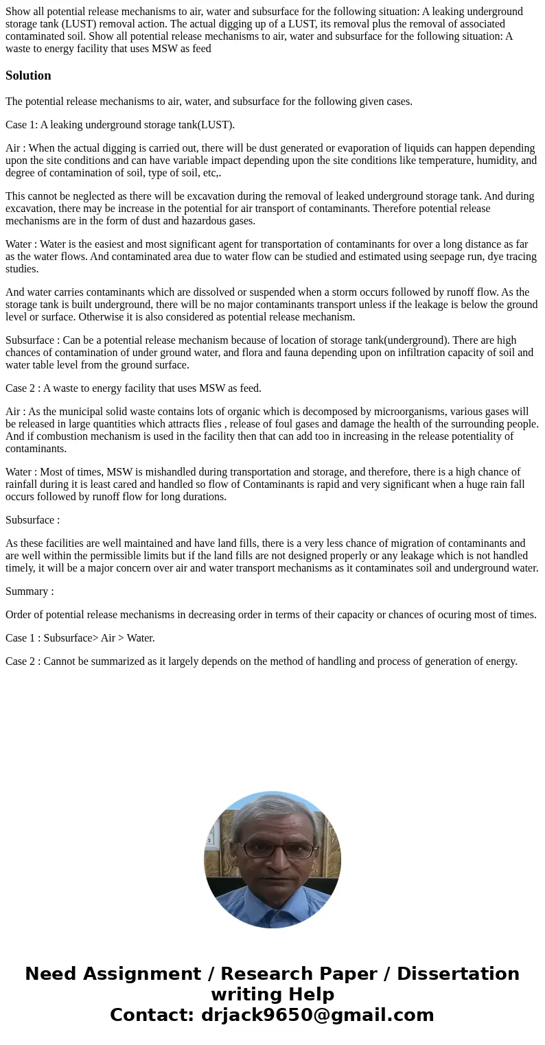  Show all potential release mechanisms to air, water and subsurface for the following situation: A leaking underground storage tank (LUST) removal action. The a