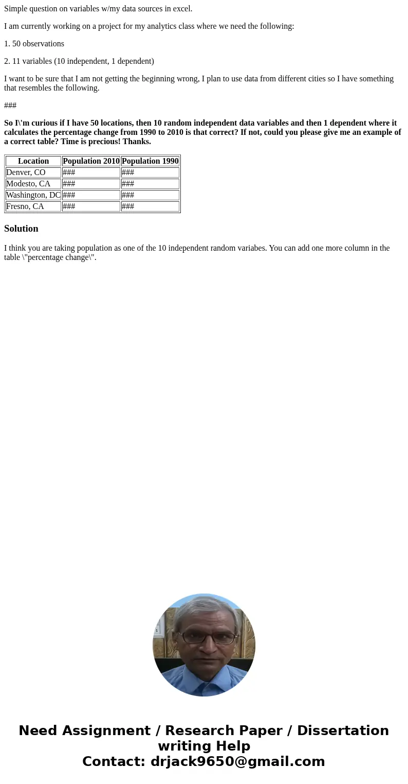 Simple question on variables w/my data sources in excel. I am currently working on a project for my analytics class where we need the following: 1. 50 observati Simple question on variables w/my data sources in excel. I am currently working on a project for my analytics class where we need the following: 1. 50 observati