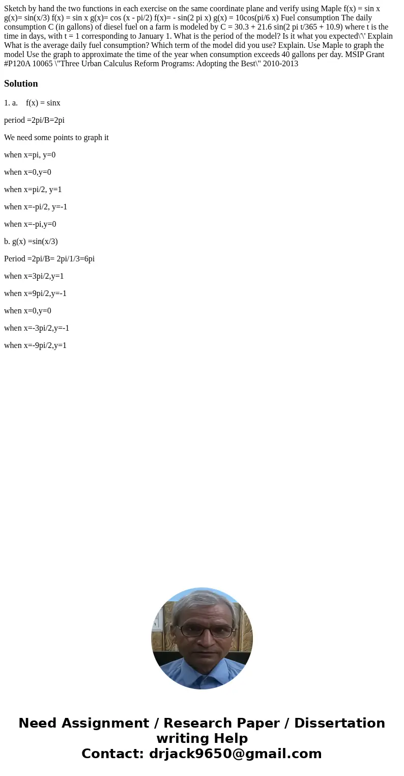  Sketch by hand the two functions in each exercise on the same coordinate plane and verify using Maple f(x) = sin x g(x)= sin(x/3) f(x) = sin x g(x)= cos (x - p