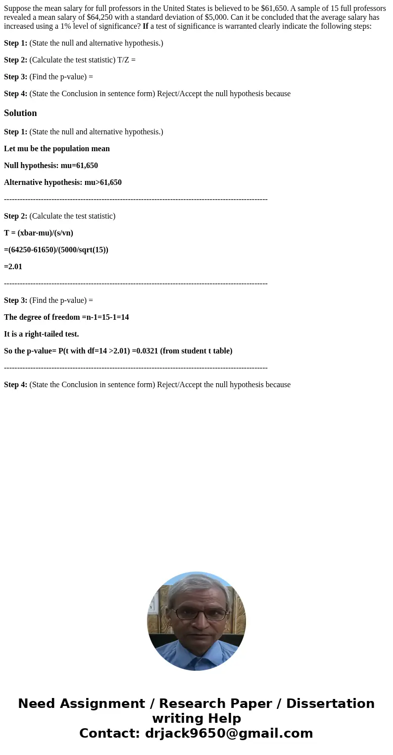 Suppose the mean salary for full professors in the United States is believed to be $61,650. A sample of 15 full professors revealed a mean salary of $64,250 wit