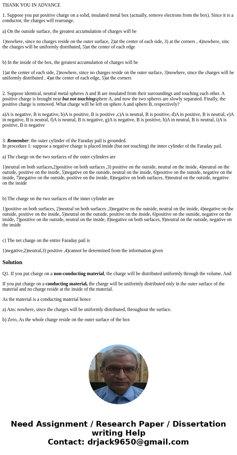 THANK YOU IN ADVANCE 1. Suppose you put positive charge on a solid, insulated metal box (actually, remove electrons from the box). Since it is a conductor, the 