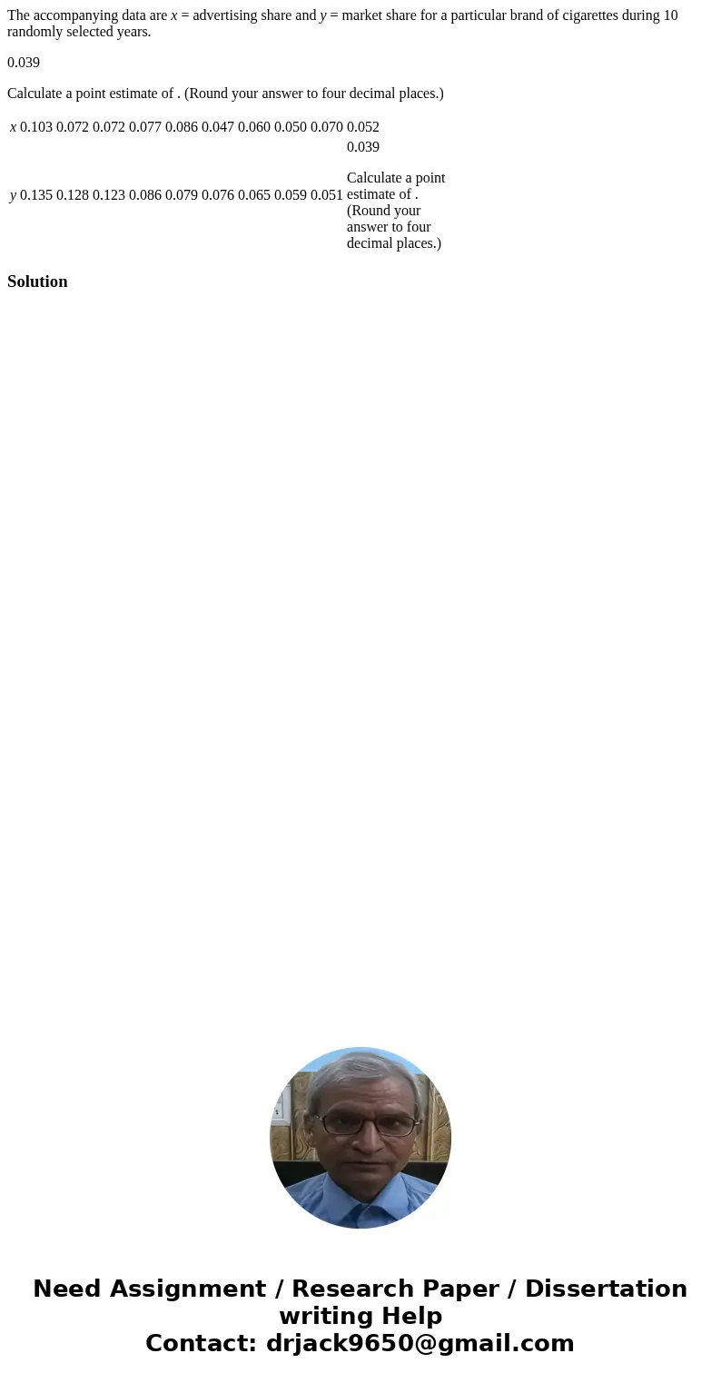 The accompanying data are x = advertising share and y = market share for a particular brand of cigarettes during 10 randomly selected years. 0.039 Calculate a p The accompanying data are x = advertising share and y = market share for a particular brand of cigarettes during 10 randomly selected years. 0.039 Calculate a p