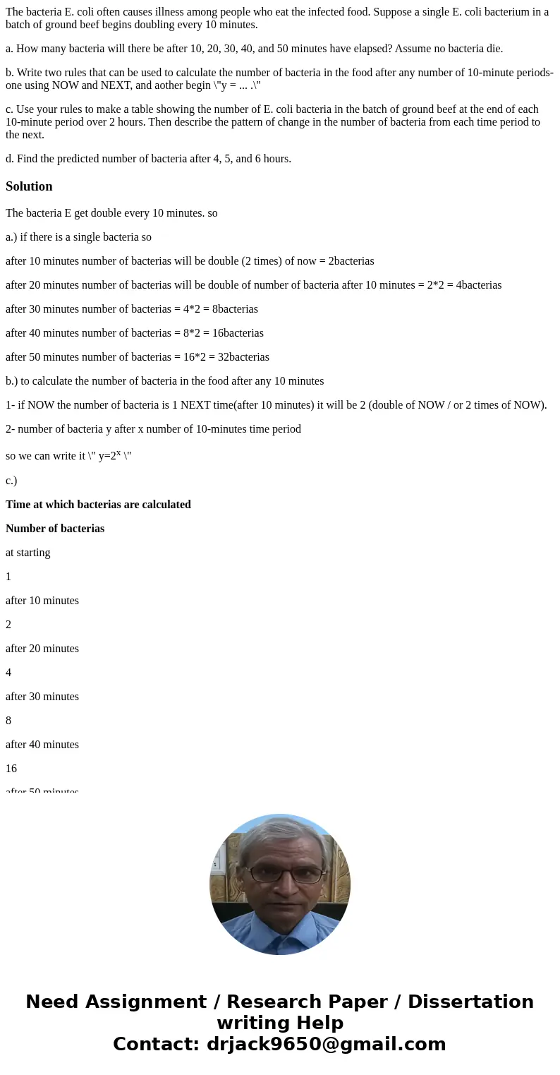 The bacteria E. coli often causes illness among people who eat the infected food. Suppose a single E. coli bacterium in a batch of ground beef begins doubling e