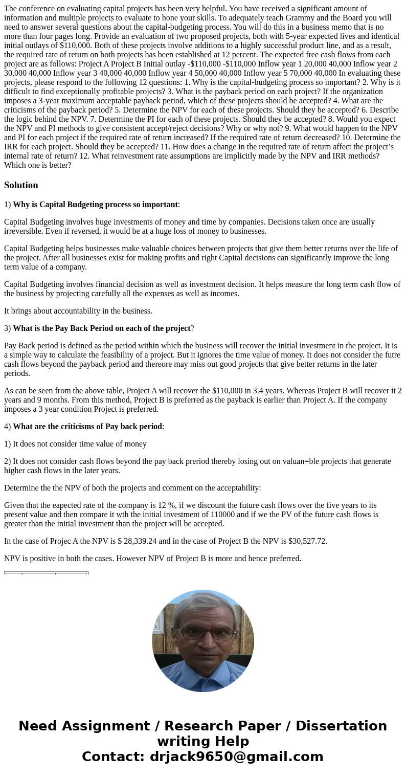 The conference on evaluating capital projects has been very helpful. You have received a significant amount of information and multiple projects to evaluate to 