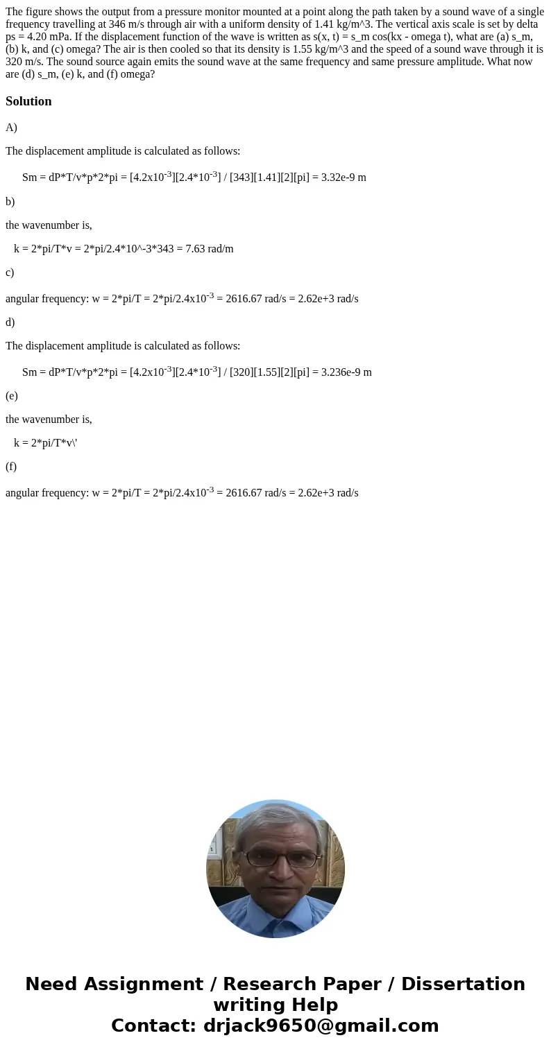 The figure shows the output from a pressure monitor mounted at a point along the path taken by a sound wave of a single frequency travelling at 346 m/s through  The figure shows the output from a pressure monitor mounted at a point along the path taken by a sound wave of a single frequency travelling at 346 m/s through
