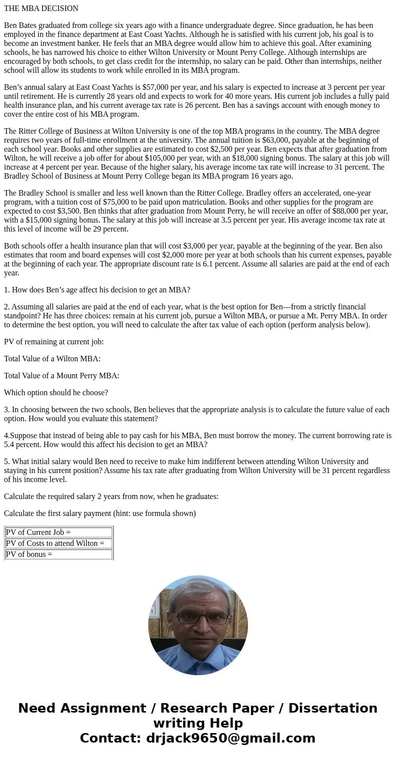 THE MBA DECISION Ben Bates graduated from college six years ago with a finance undergraduate degree. Since graduation, he has been employed in the finance depar