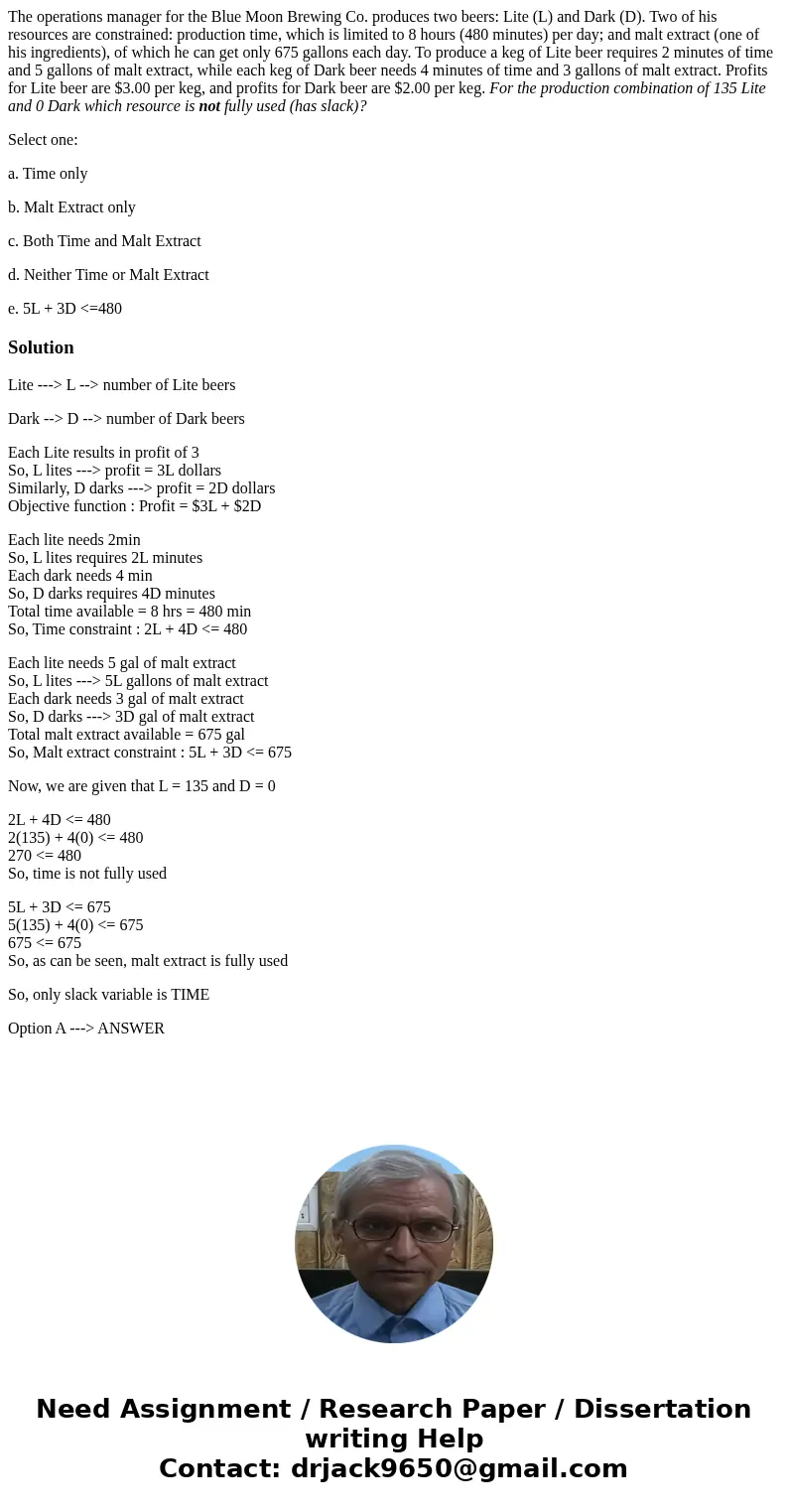 The operations manager for the Blue Moon Brewing Co. produces two beers: Lite (L) and Dark (D). Two of his resources are constrained: production time, which is 