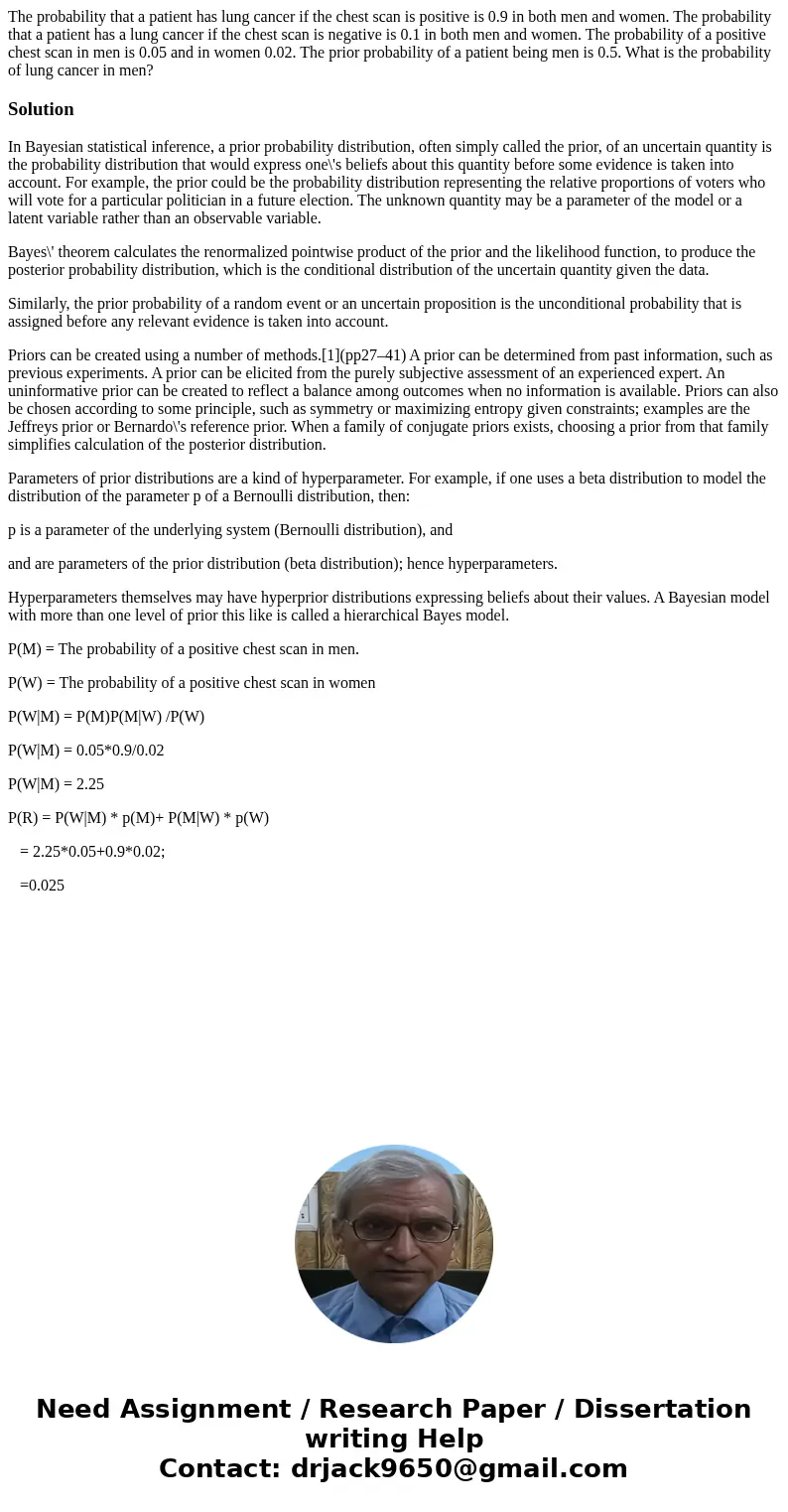 The probability that a patient has lung cancer if the chest scan is positive is 0.9 in both men and women. The probability that a patient has a lung cancer if t