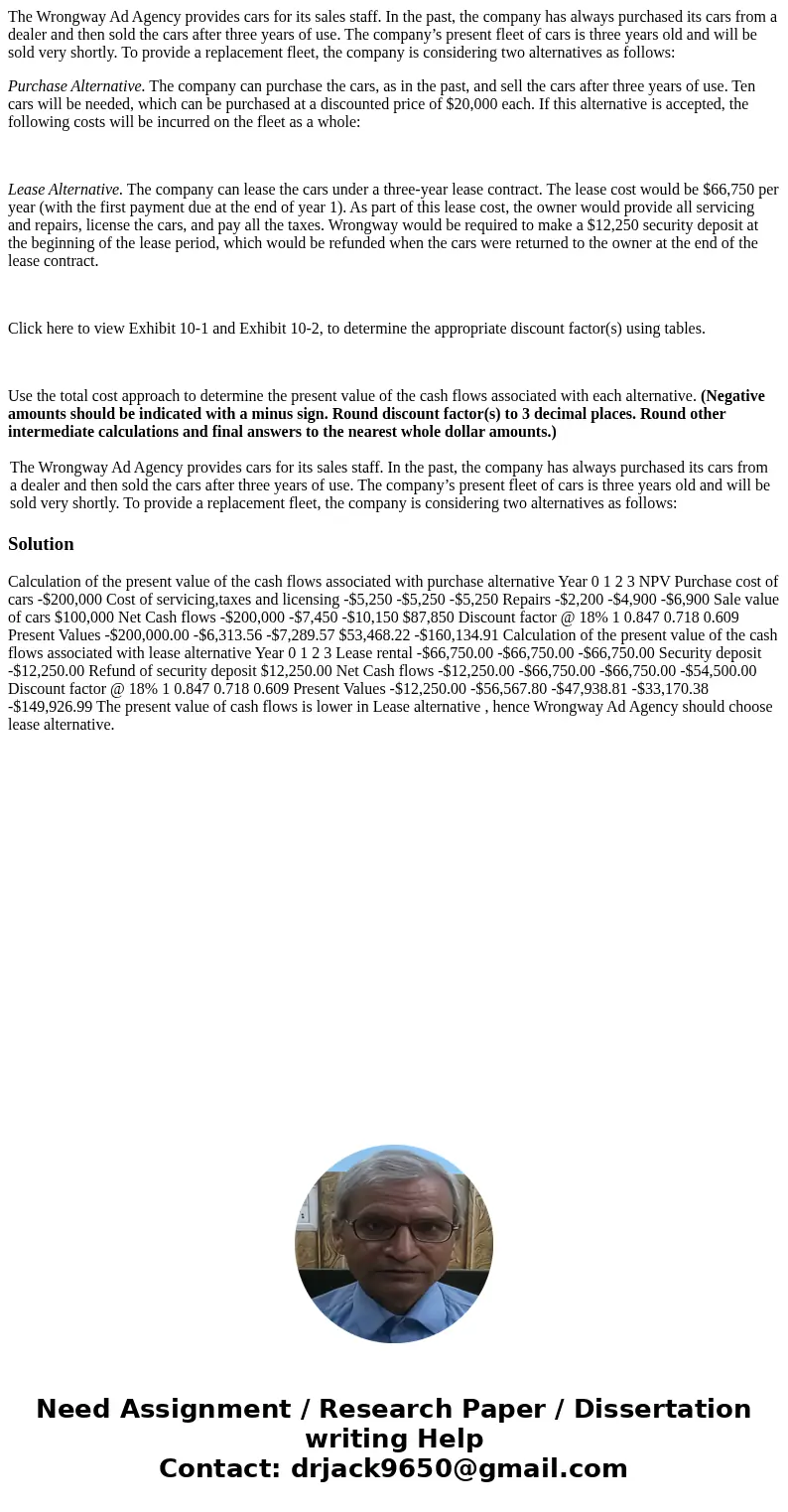 The Wrongway Ad Agency provides cars for its sales staff. In the past, the company has always purchased its cars from a dealer and then sold the cars after thre