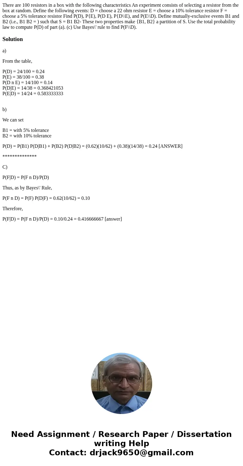 There are 100 resistors in a box with the following characteristics An experiment consists of selecting a resistor from the box at random. Define the following  There are 100 resistors in a box with the following characteristics An experiment consists of selecting a resistor from the box at random. Define the following
