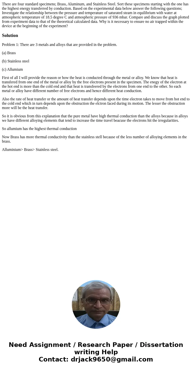  There are four standard specimens; Brass, Aluminum, and Stainless Steel. Sort these specimens starting with the one has the highest energy transferred by condu