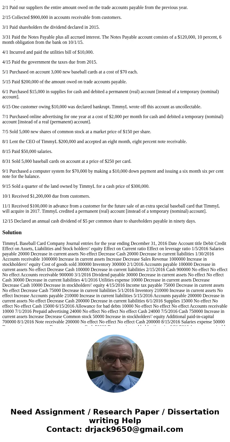 TimmyL Baseball Card Co. buys and sells baseball cards of a famous (ex) San Francisco Giants baseball player. The company was formed in 2015. The post-closing t TimmyL Baseball Card Co. buys and sells baseball cards of a famous (ex) San Francisco Giants baseball player. The company was formed in 2015. The post-closing t