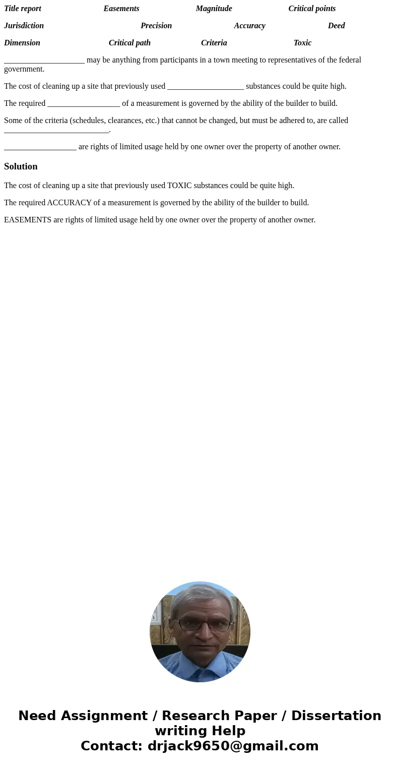 Title report Easements Magnitude Critical points Jurisdiction Precision Accuracy Deed Dimension Critical path Criteria Toxic ____________________ may be anythin Title report Easements Magnitude Critical points Jurisdiction Precision Accuracy Deed Dimension Critical path Criteria Toxic ____________________ may be anythin