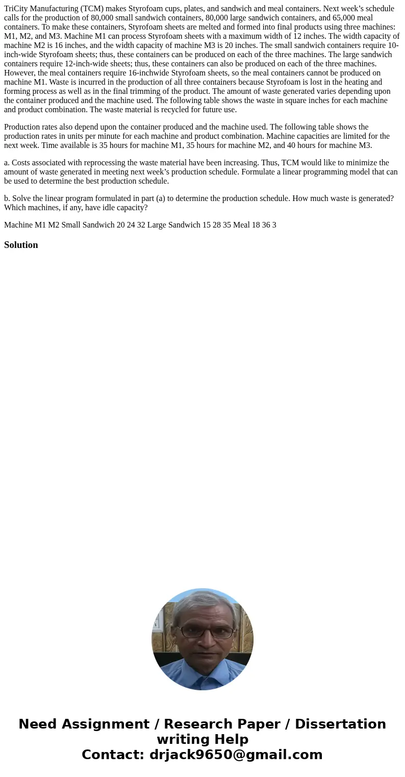 TriCity Manufacturing (TCM) makes Styrofoam cups, plates, and sandwich and meal containers. Next week’s schedule calls for the production of 80,000 small sandwi