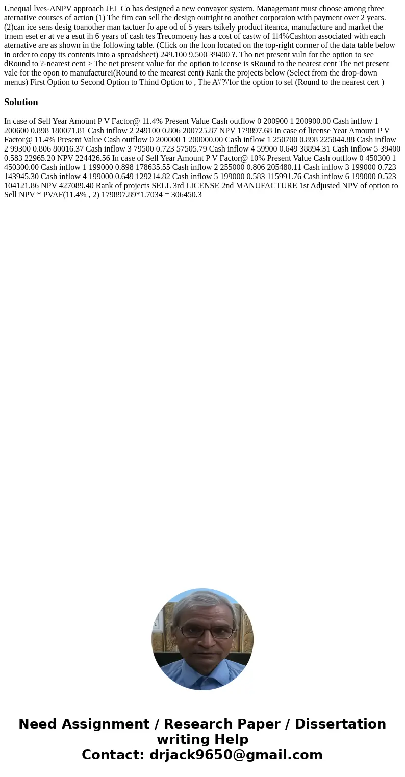  Unequal lves-ANPV approach JEL Co has designed a new convayor system. Managemant must choose among three aternative courses of action (1) The fim can sell the 