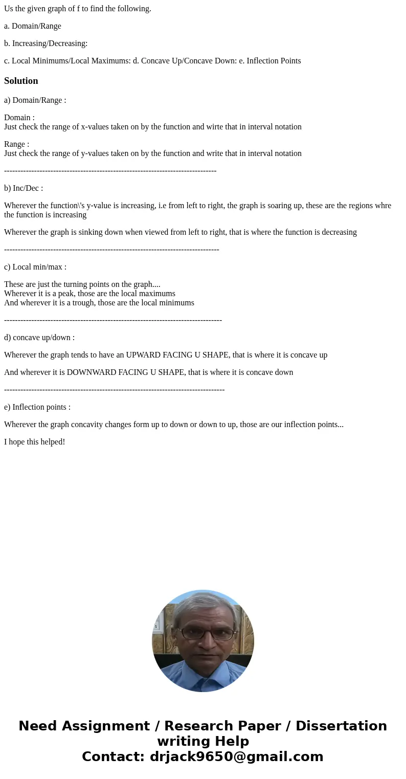 Us the given graph of f to find the following. a. Domain/Range b. Increasing/Decreasing: c. Local Minimums/Local Maximums: d. Concave Up/Concave Down: e. Inflec Us the given graph of f to find the following. a. Domain/Range b. Increasing/Decreasing: c. Local Minimums/Local Maximums: d. Concave Up/Concave Down: e. Inflec