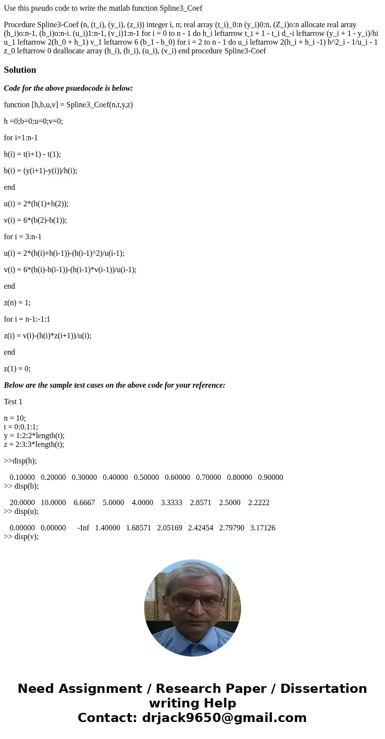 Use this pseudo code to write the matlab function Spline3_Coef Procedure Spline3-Coef (n, (t_i), (y_i), (z_i)) integer i, n; real array (t_i)_0:n (y_i)0:n, (Z_i Use this pseudo code to write the matlab function Spline3_Coef Procedure Spline3-Coef (n, (t_i), (y_i), (z_i)) integer i, n; real array (t_i)_0:n (y_i)0:n, (Z_i