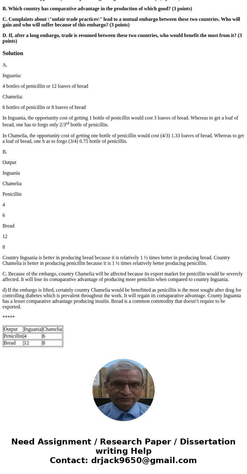 Using a certain quantity of resources, workers in the fictitious country of Iguania can produce 4 bottles of penicillin or 12 loaves of bread. Using the same re