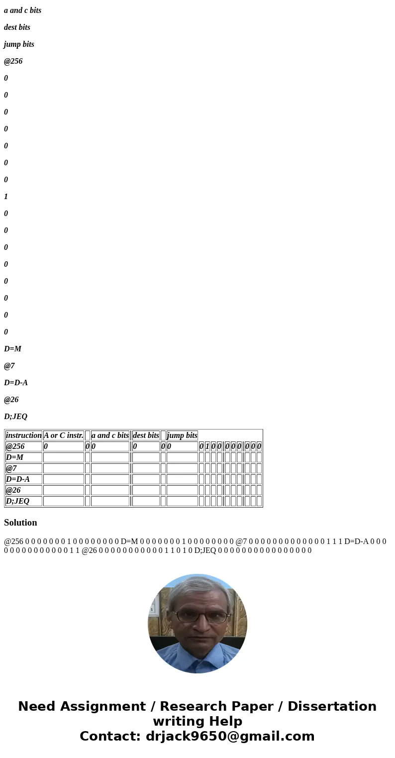 Using the HACK machine reference table, please assemble the following HACK assembly code into its machine language. Write your machine code in the table below. 