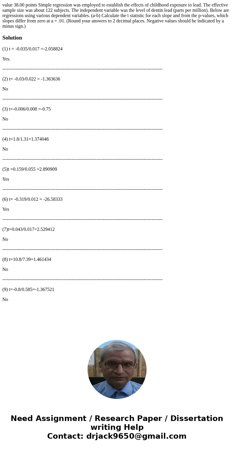 value 38.00 points Simple regression was employed to establish the effects of childhood exposure to lead. The effective sample size was about 122 subjects. The