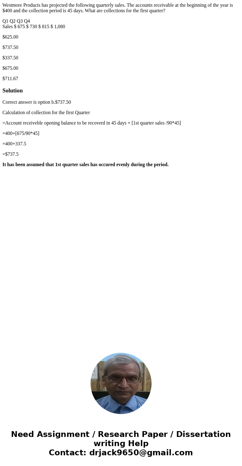 Westmore Products has projected the following quarterly sales. The accounts receivable at the beginning of the year is $400 and the collection period is 45 days Westmore Products has projected the following quarterly sales. The accounts receivable at the beginning of the year is $400 and the collection period is 45 days