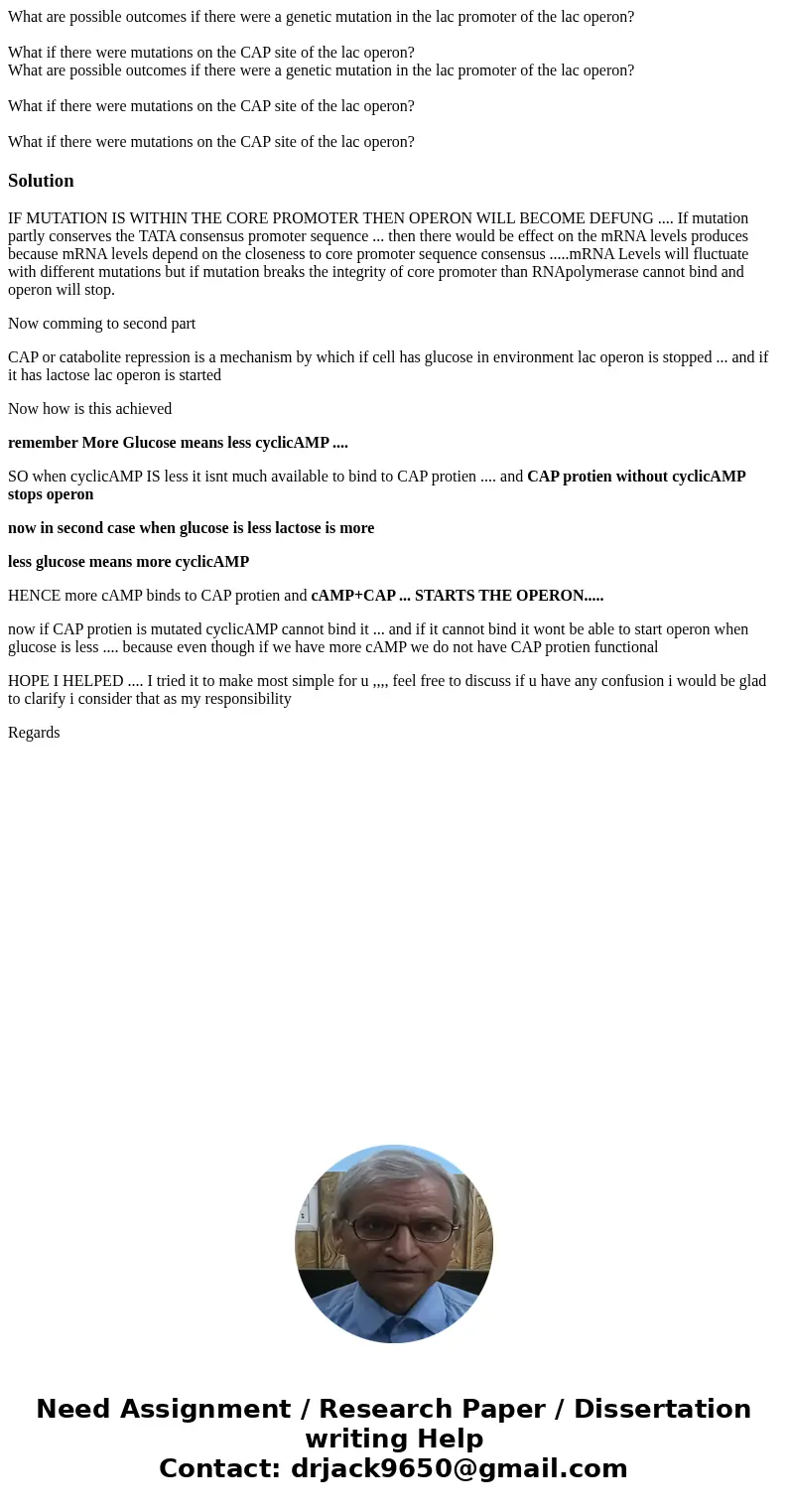 What are possible outcomes if there were a genetic mutation in the lac promoter of the lac operon? What if there were mutations on the CAP site of the lac oper  What are possible outcomes if there were a genetic mutation in the lac promoter of the lac operon? What if there were mutations on the CAP site of the lac oper