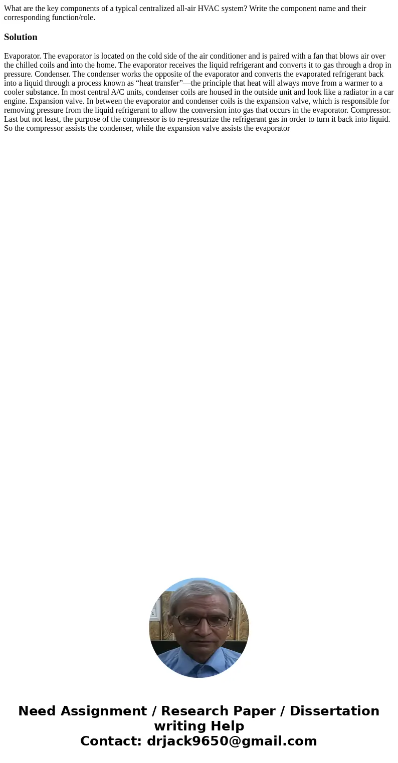 What are the key components of a typical centralized all-air HVAC system? Write the component name and their corresponding function/role.Solution Evaporator. T  What are the key components of a typical centralized all-air HVAC system? Write the component name and their corresponding function/role.Solution Evaporator. T