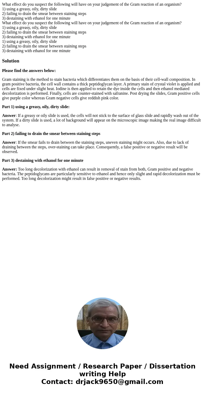 What effect do you suspect the following will have on your judgement of the Gram reaction of an organism? 1) using a greasy, oily, dirty slide 2) failing to dr  What effect do you suspect the following will have on your judgement of the Gram reaction of an organism? 1) using a greasy, oily, dirty slide 2) failing to dr