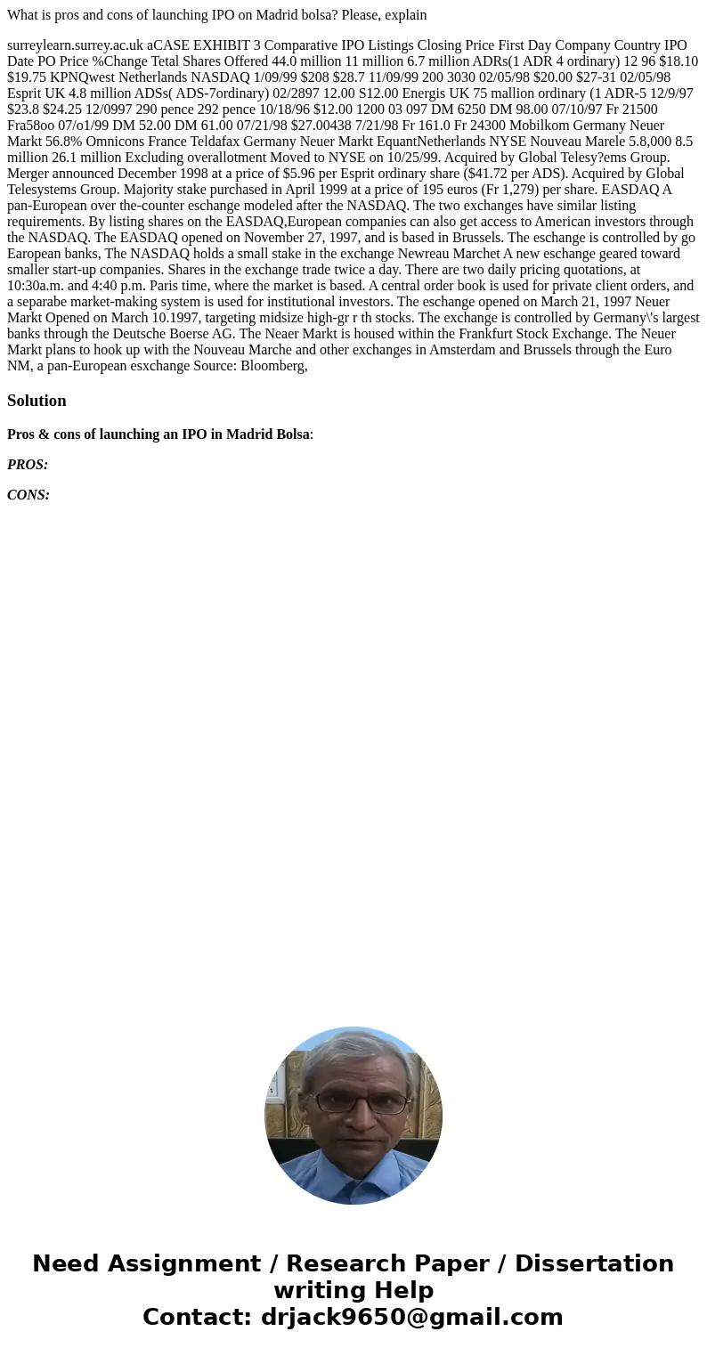 What is pros and cons of launching IPO on Madrid bolsa? Please, explain surreylearn.surrey.ac.uk aCASE EXHIBIT 3 Comparative IPO Listings Closing Price First Da