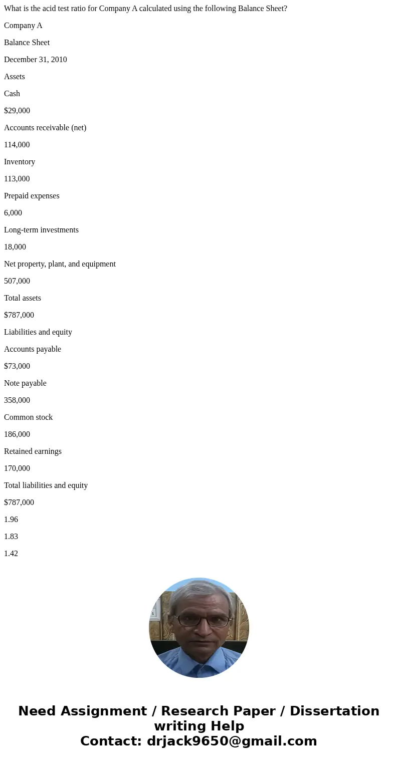 What is the acid test ratio for Company A calculated using the following Balance Sheet? Company A Balance Sheet December 31, 2010 Assets Cash $29,000 Accounts r What is the acid test ratio for Company A calculated using the following Balance Sheet? Company A Balance Sheet December 31, 2010 Assets Cash $29,000 Accounts r