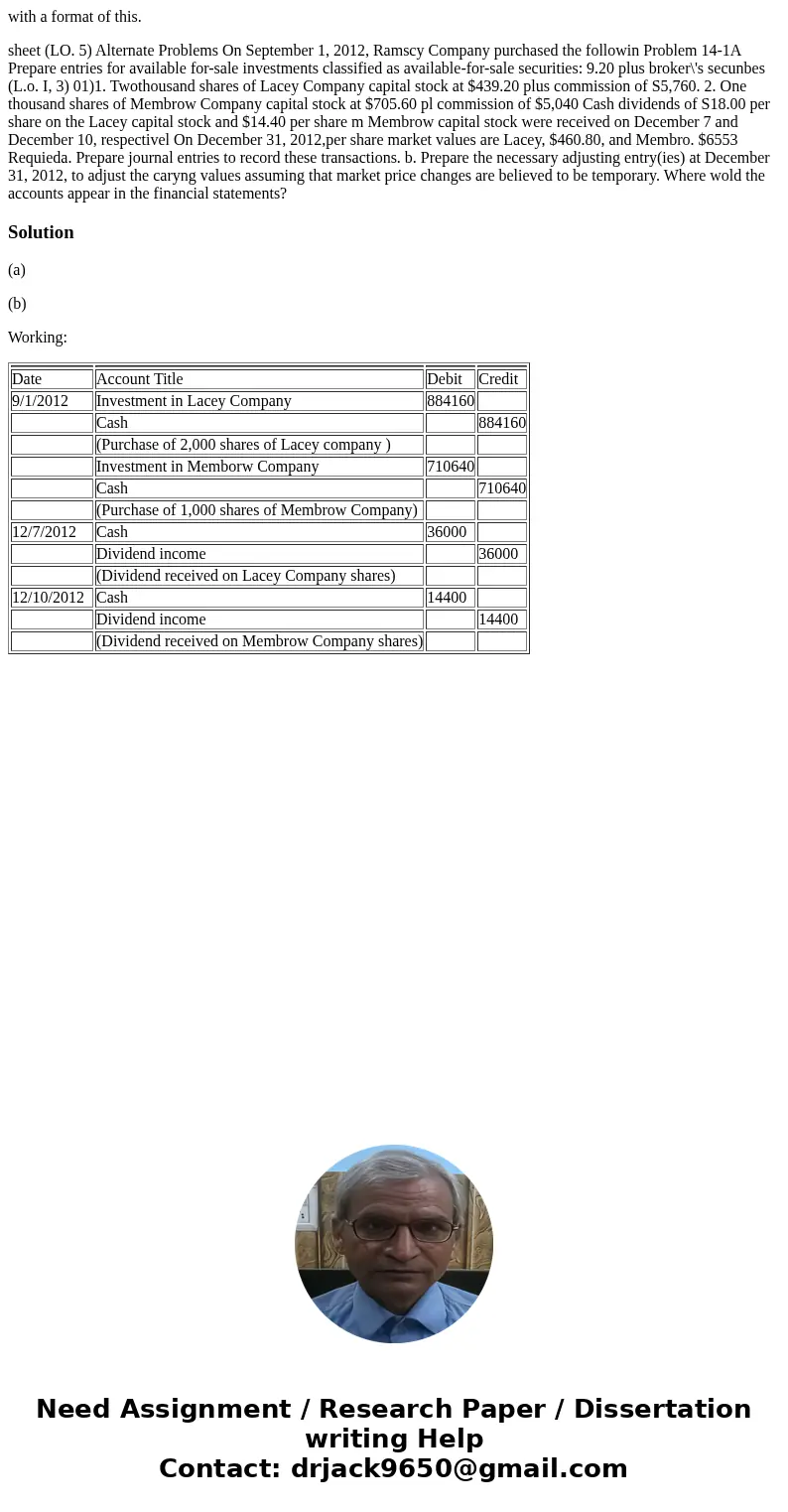 with a format of this. sheet (LO. 5) Alternate Problems On September 1, 2012, Ramscy Company purchased the followin Problem 14-1A Prepare entries for available  with a format of this. sheet (LO. 5) Alternate Problems On September 1, 2012, Ramscy Company purchased the followin Problem 14-1A Prepare entries for available