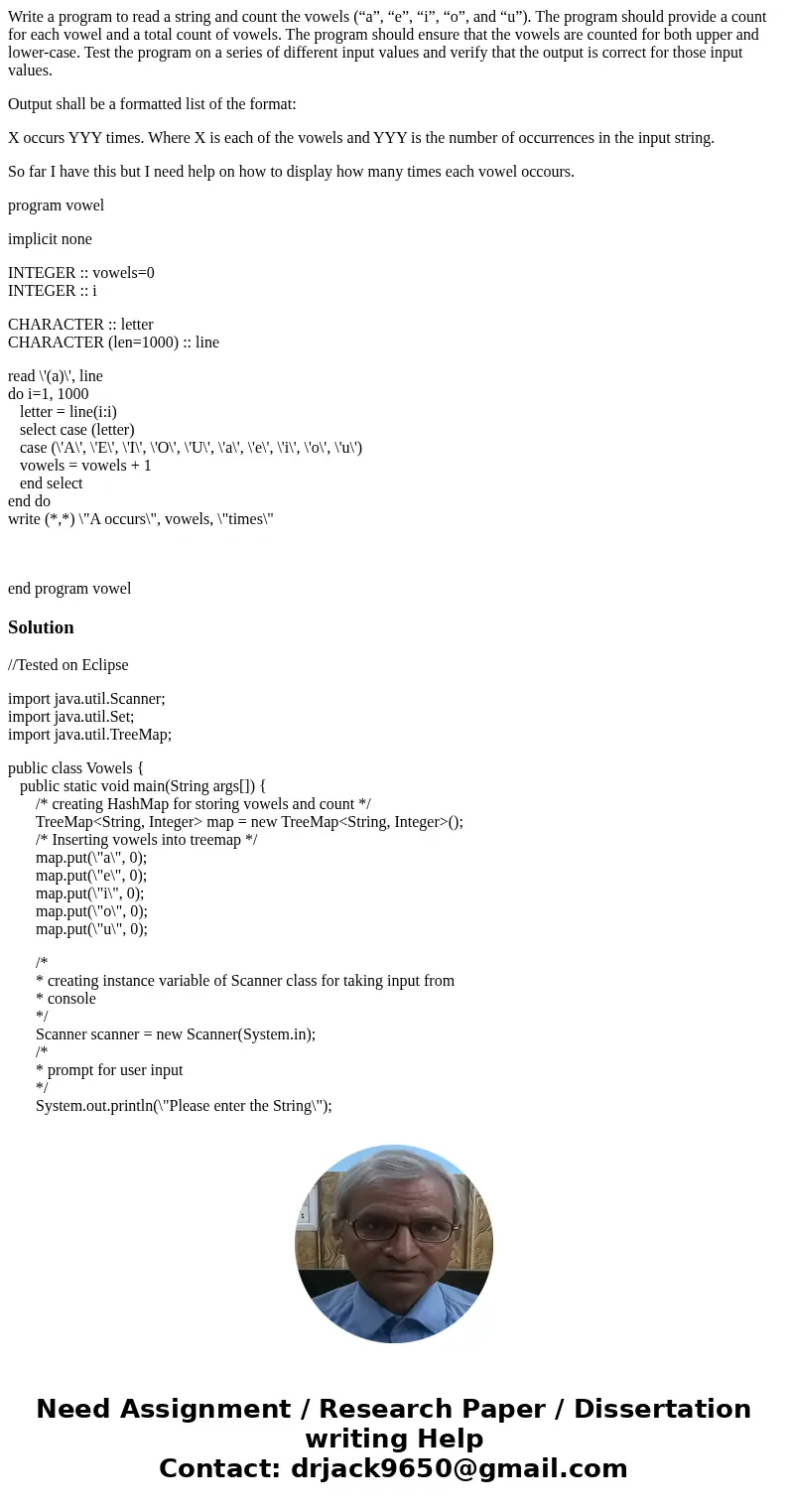 Write a program to read a string and count the vowels (“a”, “e”, “i”, “o”, and “u”). The program should provide a count for each vowel and a total count of vowe Write a program to read a string and count the vowels (“a”, “e”, “i”, “o”, and “u”). The program should provide a count for each vowel and a total count of vowe