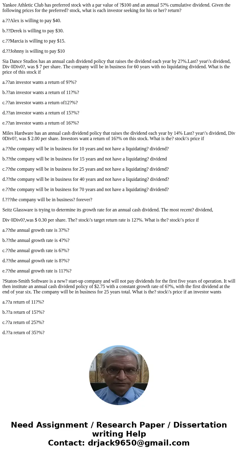 Yankee Athletic Club has preferred stock with a par value of ?$100 and an annual 5?% cumulative dividend. Given the following prices for the preferred? stock, w