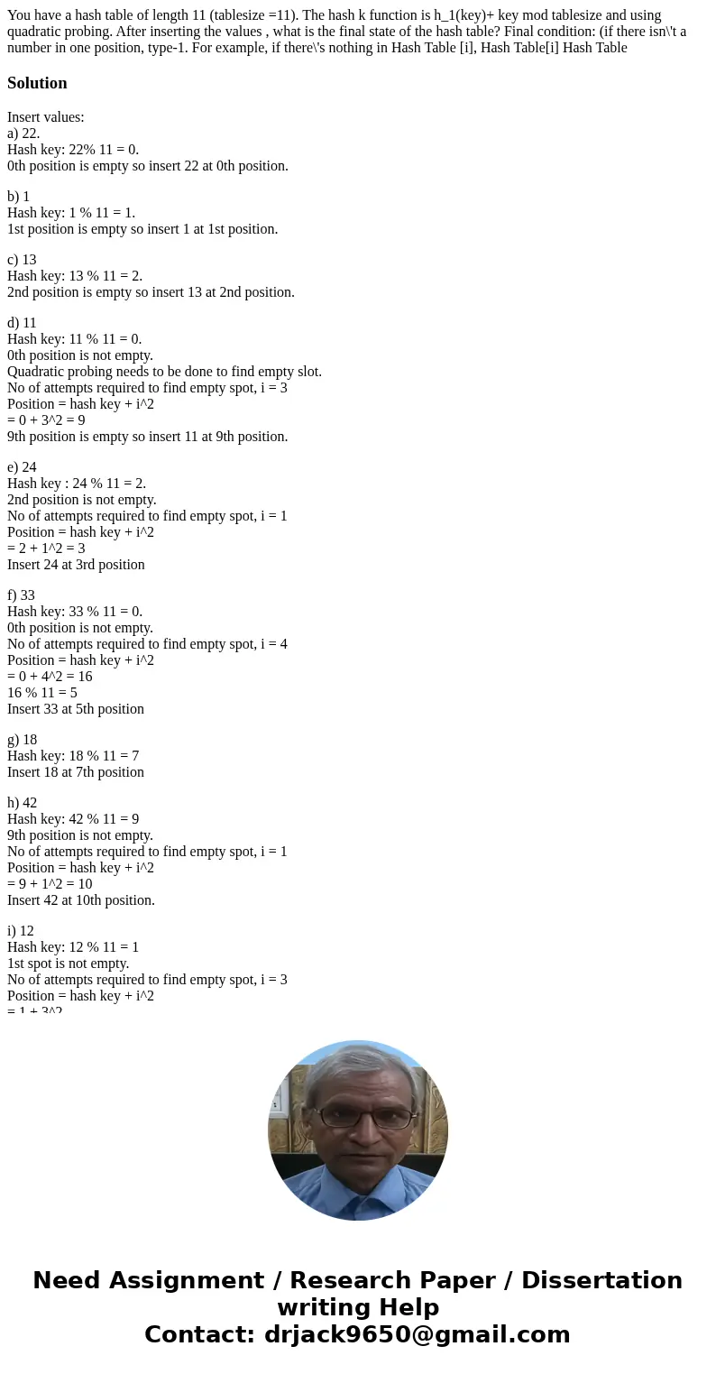 You have a hash table of length 11 (tablesize =11). The hash k function is h_1(key)+ key mod tablesize and using quadratic probing. After inserting the values   You have a hash table of length 11 (tablesize =11). The hash k function is h_1(key)+ key mod tablesize and using quadratic probing. After inserting the values