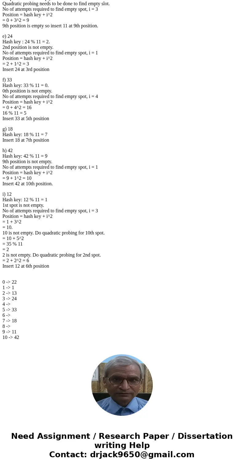 You have a hash table of length 11 (tablesize =11). The hash k function is h_1(key)+ key mod tablesize and using quadratic probing. After inserting the values   You have a hash table of length 11 (tablesize =11). The hash k function is h_1(key)+ key mod tablesize and using quadratic probing. After inserting the values