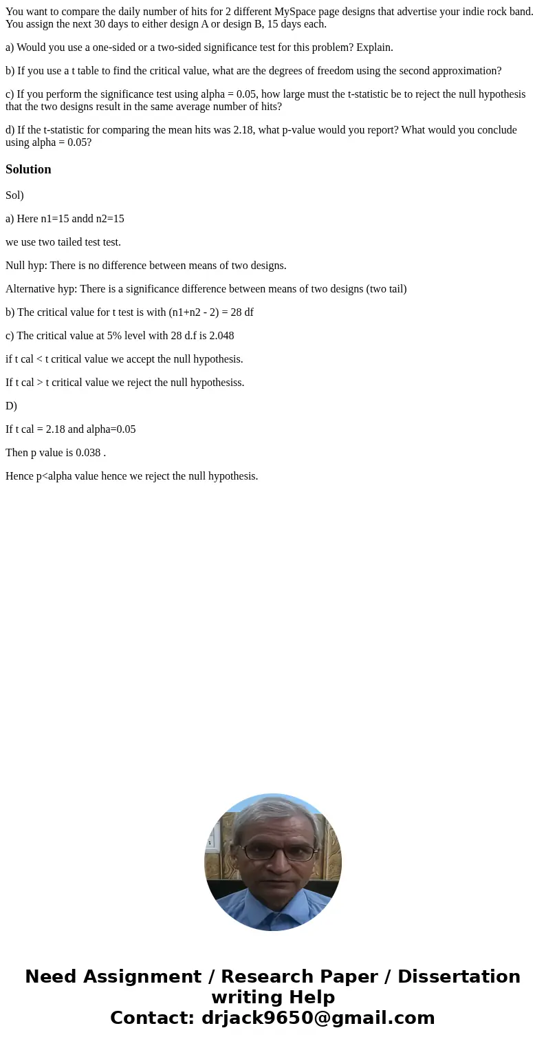You want to compare the daily number of hits for 2 different MySpace page designs that advertise your indie rock band. You assign the next 30 days to either des You want to compare the daily number of hits for 2 different MySpace page designs that advertise your indie rock band. You assign the next 30 days to either des