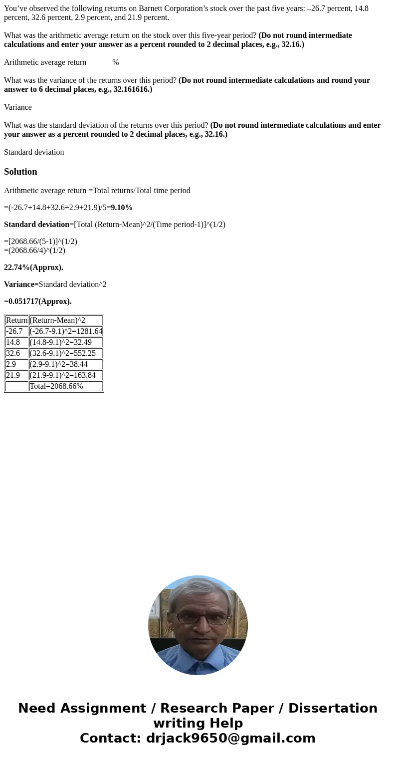 You’ve observed the following returns on Barnett Corporation’s stock over the past five years: –26.7 percent, 14.8 percent, 32.6 percent, 2.9 percent, and 21.9 