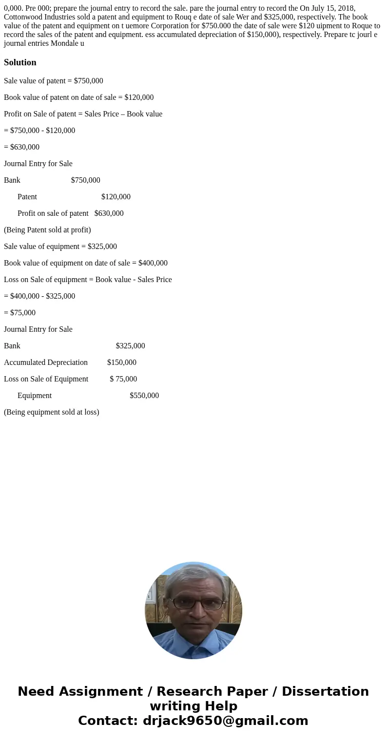 0,000. Pre 000; prepare the journal entry to record the sale. pare the journal entry to record the On July 15, 2018, Cottonwood Industries sold a patent and eq  0,000. Pre 000; prepare the journal entry to record the sale. pare the journal entry to record the On July 15, 2018, Cottonwood Industries sold a patent and eq
