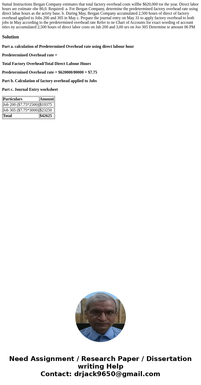 0umal Instructions Bergan Company estimates that total factory overhead costs willbe $620,000 tor the year. Direct labor hours are estimate obe 80,0. Required:  0umal Instructions Bergan Company estimates that total factory overhead costs willbe $620,000 tor the year. Direct labor hours are estimate obe 80,0. Required: