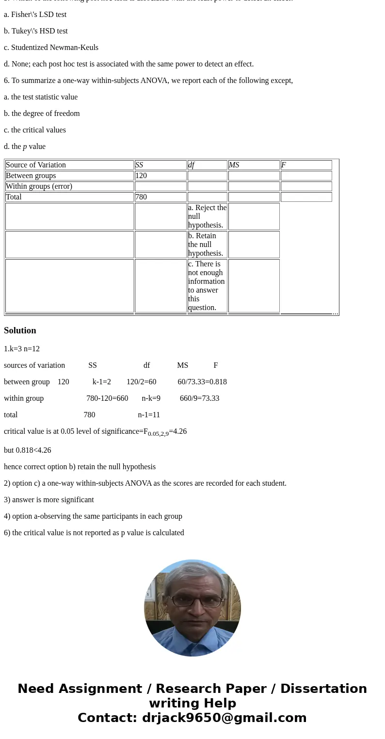 1. A researcher computes the following one-way between-subjects ANOVA table for a study where k = 3 and n = 12. State the decision at a .05 level of significanc