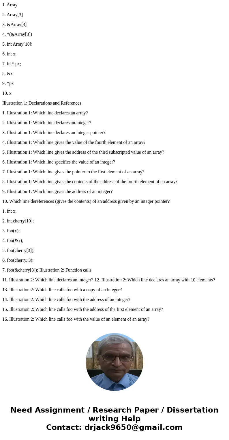 1. Array 2. Array[3] 3. &Array[3] 4. *(&Array[3]) 5. int Array[10]; 6. int x; 7. int* px; 8. &x 9. *px 10. x Illustration 1: Declarations and Refere